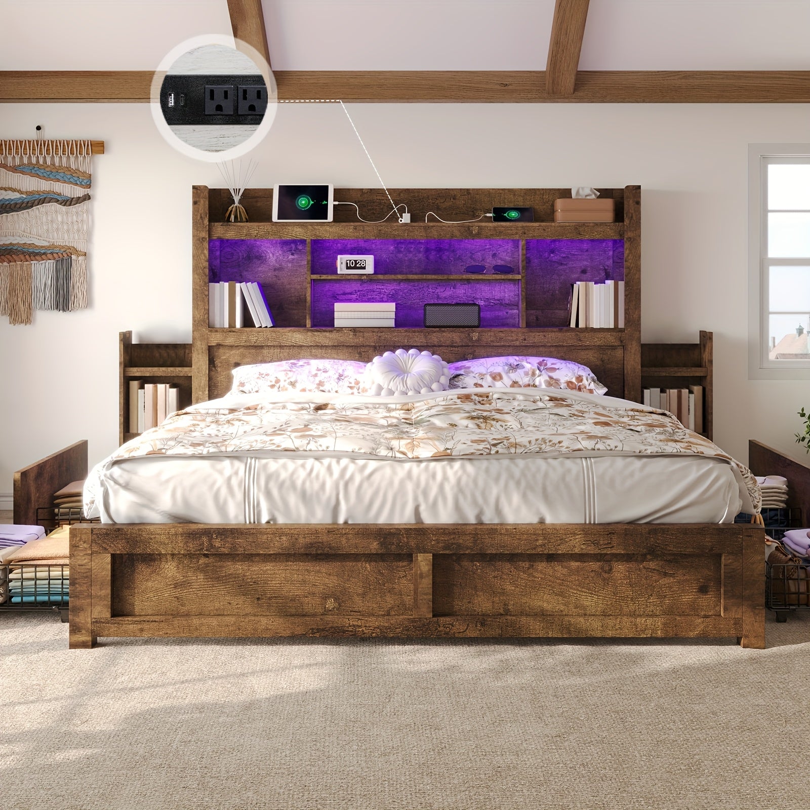 Farmhouse Wooden Bed Frame With 4 Storage Drawers, LED Bed Frame With 49" Tall Bookcase Headboard, Wood Platform Bed With Charging Station & 2 Slide Bedside Shelf