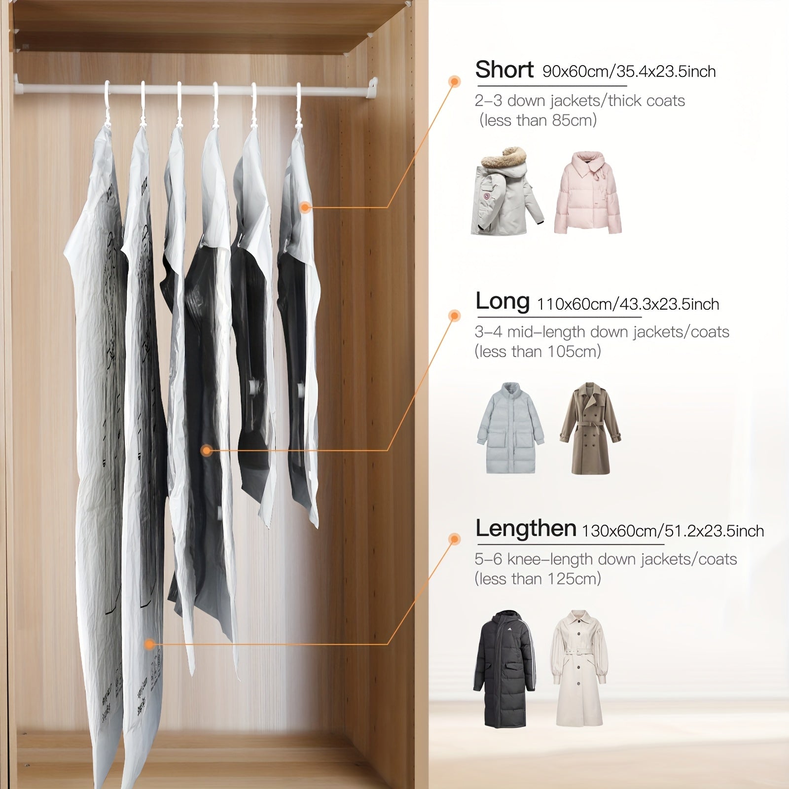 8-Pack Hanging Vacuum Storage Sealer Bags, Space Saving, for Clothes, Suits And Jackets, Wardrobe Organizer Bags, Travel, 8pcs Set (4 Long Bags, 4 Short Bags), White And Transparent