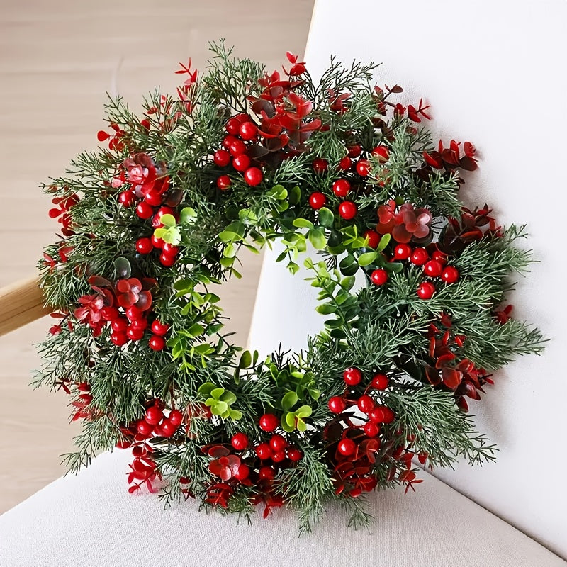 2025 Fall New Style 16.7-inch Christmas Wreath, Durable Non-Shedding｜with Red Berries, Pine Leaves and Green-Red Foliage - Heavy-Duty Plastic Indoor/Outdoor Door Decor Wall Fireplace Ornament No Electricity Needed All Weath