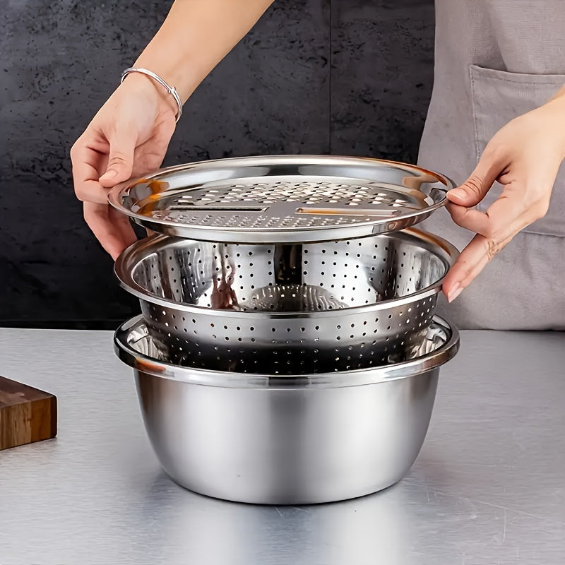 [Stainless Steel Kitchen Set] 3pcs Stainless Steel Kitchen Set with Grinder, Filter and Mixing Bowl - Ideal for Cleaning, Slicing Fruits, Vegetables, and Cheese | Food Safety with Drainage System, Perfect for Home Cooking