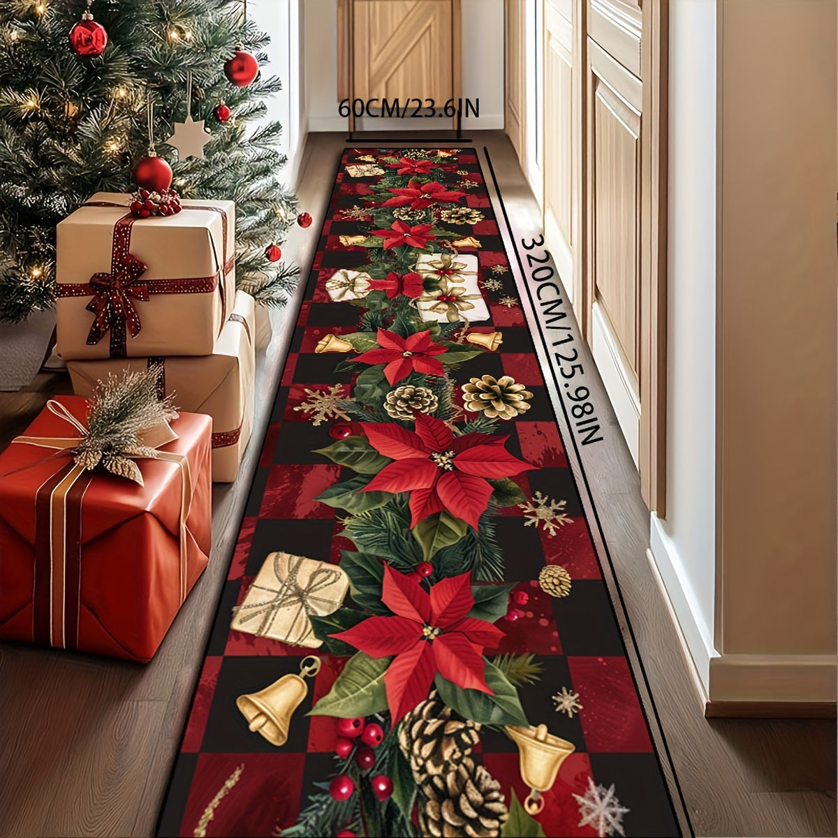 Crystal Velvet + Weight 850g + Thickness 6mm 1pc Christmas Decoration Crystal Velvet Corridor Long Mat Floral and Red Plaid Design Living Room Decorative Mat Soft, Comfortable, Easy to Clean Machine Wash Suitable for Kitchen