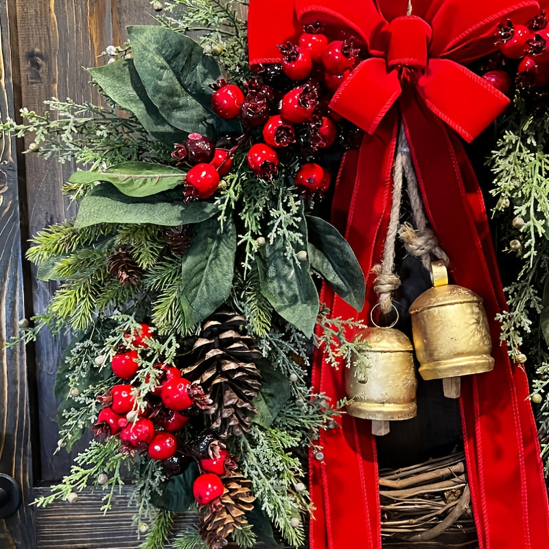 Large Rustic Farmhouse Christmas Wreath with Golden Bells, Red Berries & Pine Cones - Heavy-Duty Plastic /Outdoor Door Hanging Decoration, Burgundy Bow & Green Foliage for Front Door, Mantel, Year-Round Holiday Décor (Golden