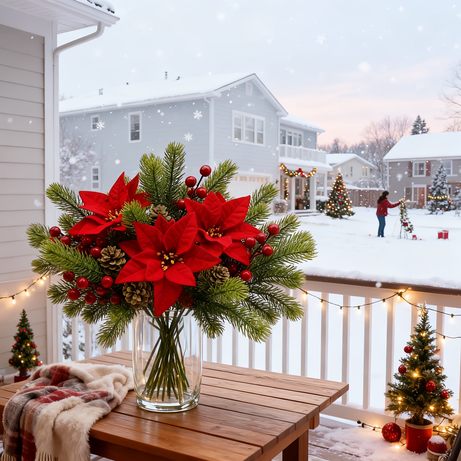 5-Pack Premium Poinsettia Pine Branch Artificial Flowers with Faux Pinecones and Berries Bouquet - Holiday Faux Flower Decor, Suitable for Home Decor, Wreath Decor, Christmas Theme, Christmas, DIY Indoor and Outdoor Wedding P