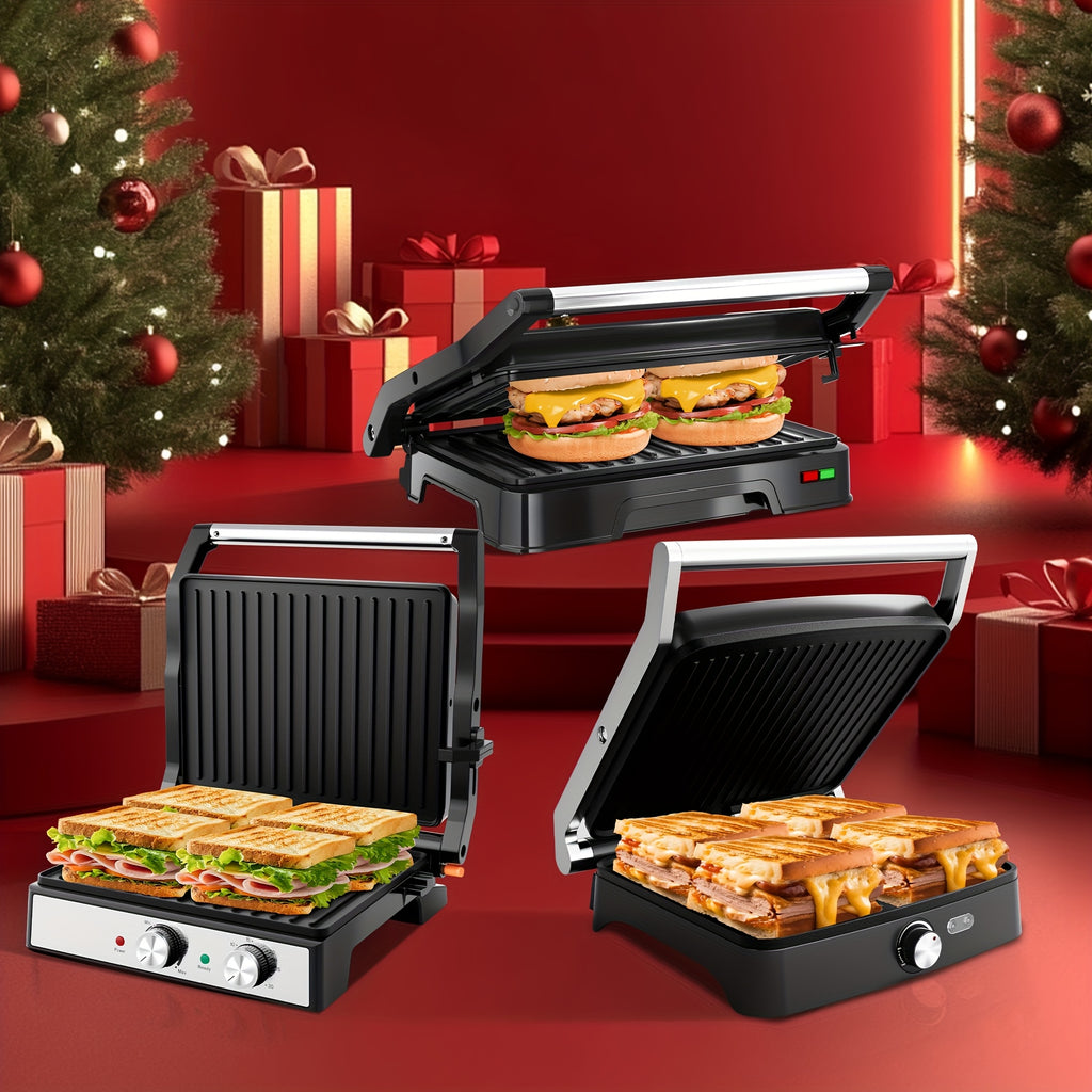 1600W Electric Panini Press Grill, 4-Slice Sandwich Maker Suitable for Indoor, Outdoor, Or Camping Use, Featuring Adjustable Temperature And Timer, Non-Stick Plates, And a Removable Drip Tray - Perfect for Bbqs And Pizzas