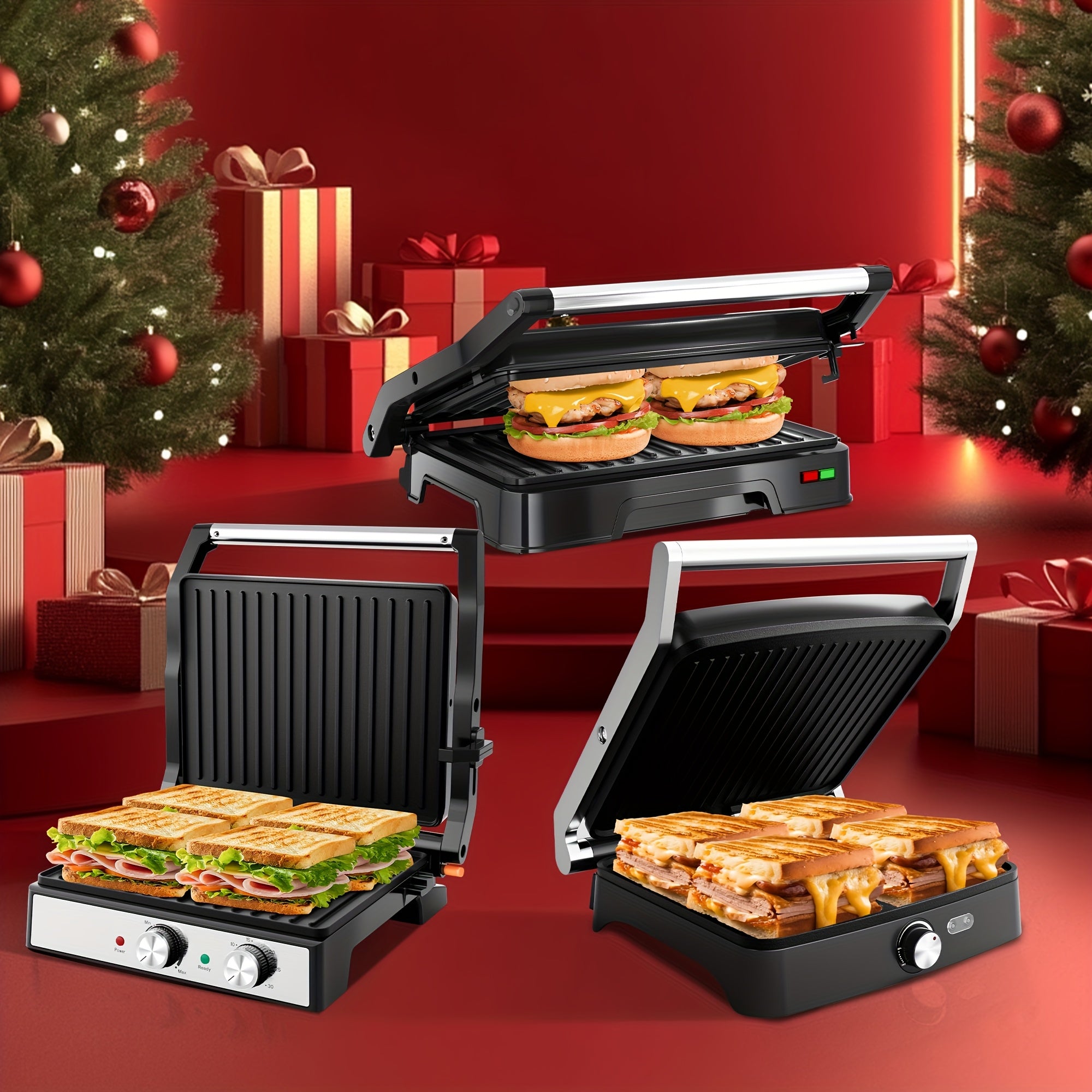 1600W Electric Panini Press Grill, 4-Slice Sandwich Maker Suitable for Indoor, Outdoor, Or Camping Use, Featuring Adjustable Temperature And Timer, Non-Stick Plates, And a Removable Drip Tray - Perfect for Bbqs And Pizzas