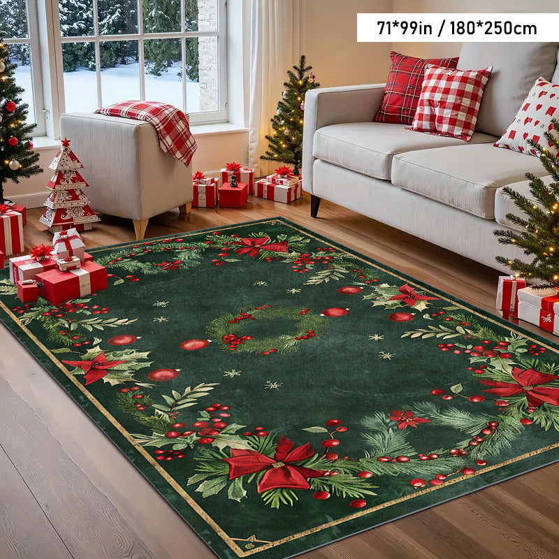 1pc Modern Christmas Holly Pattern Mat, Indoor Large Mat, Christmas Decoration, Non-Slip Backing and Machine Washable, Suitable for Living Room, Dining Room, Bedroom, Office, Room Decoration, Home Decoration, Ultra Soft Hypoa
