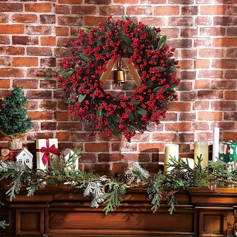 1pc Large Artificial Holly Berry Wreath with Realistic Red Berries & Green Leaves - Oversized Round Door Wall Hanging for Christmas, Hanukkah, Easter, Thanksgiving - /Outdoor Plastic Faux Holly Wreath for Mantel, Porch,