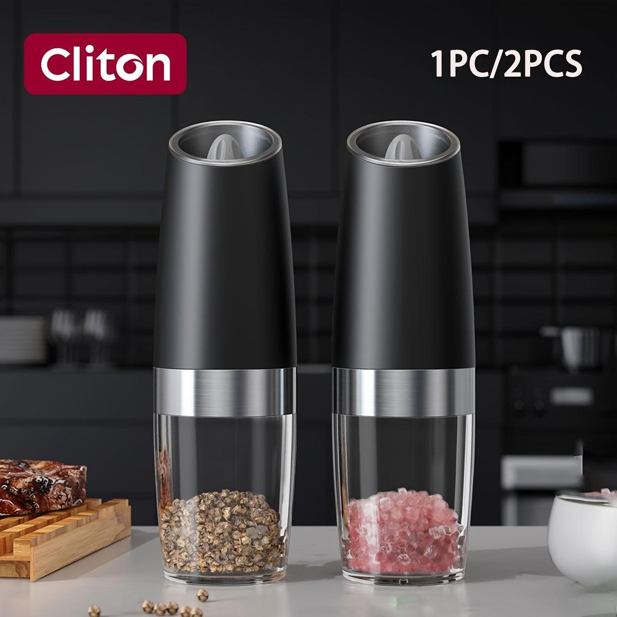 1pc/2pcss Electric Salt And Pepper Grinder, Automatic Pepper Mill, Salt And Pepper Grinder Electric 2pcs, Tilted Automatic Grind With LED Light, Battery Powered, Adjustable Coarseness, Easy To Clean, One-Hand Operation, Kitch