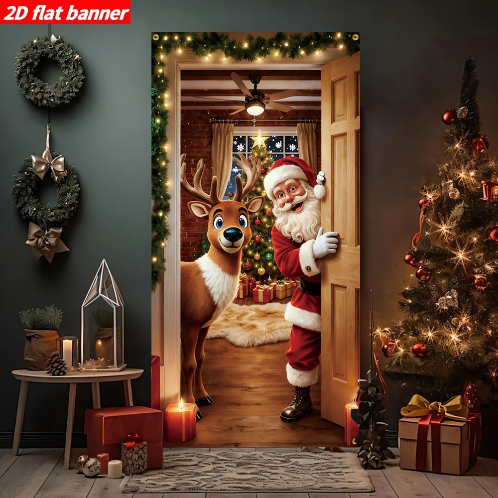 Christmas Santa Claus Reindeer Door Banner , 2D Door Banner , New Family Door Banner , Door Porch Garden Hanging Decoration , Party New Year Carnival Decoration , 1pc