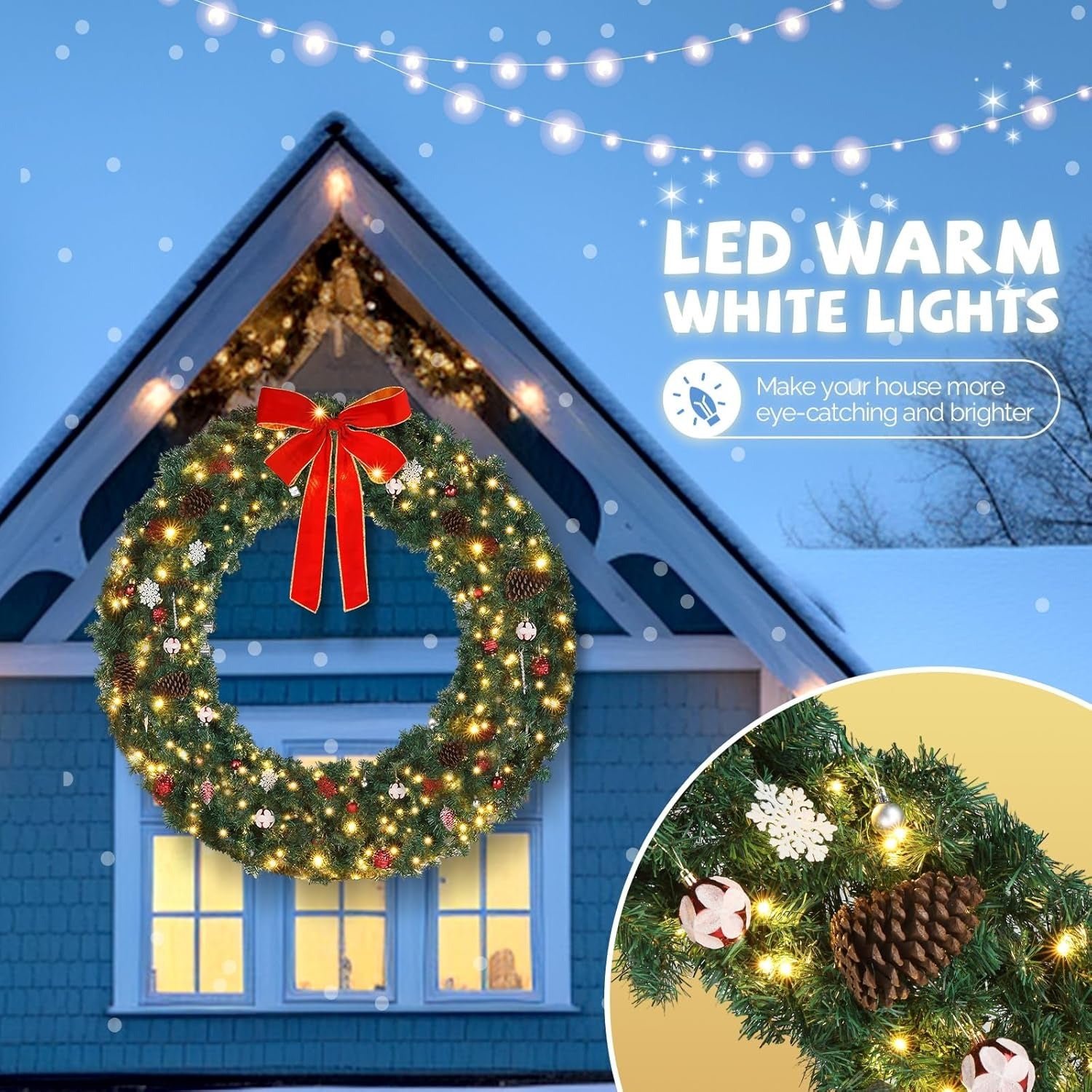 60 Inch Large Pre-lit Christmas Wreath - Xmas Door Garlands with 220 LED Lights, 600 PVC Branch Tips, Bow, Pine Cones & Ornaments - Holiday Home Decor for Door Fireplace Wedding Party Banquet Events- Indoor Easy Hang Christma