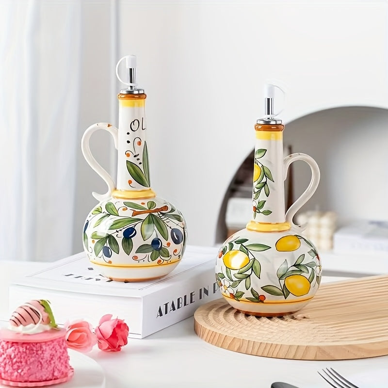 Hand-Painted Ceramic Olive Oil Dispenser with Vibrant Fruit & Leaf Design - Leak-Proof Kitchen Oil Bottle for Olive Oil, Vinegar, Soy Sauce - Elegant Oval Shape, Freezer Safe, Olive Oil Dispenser