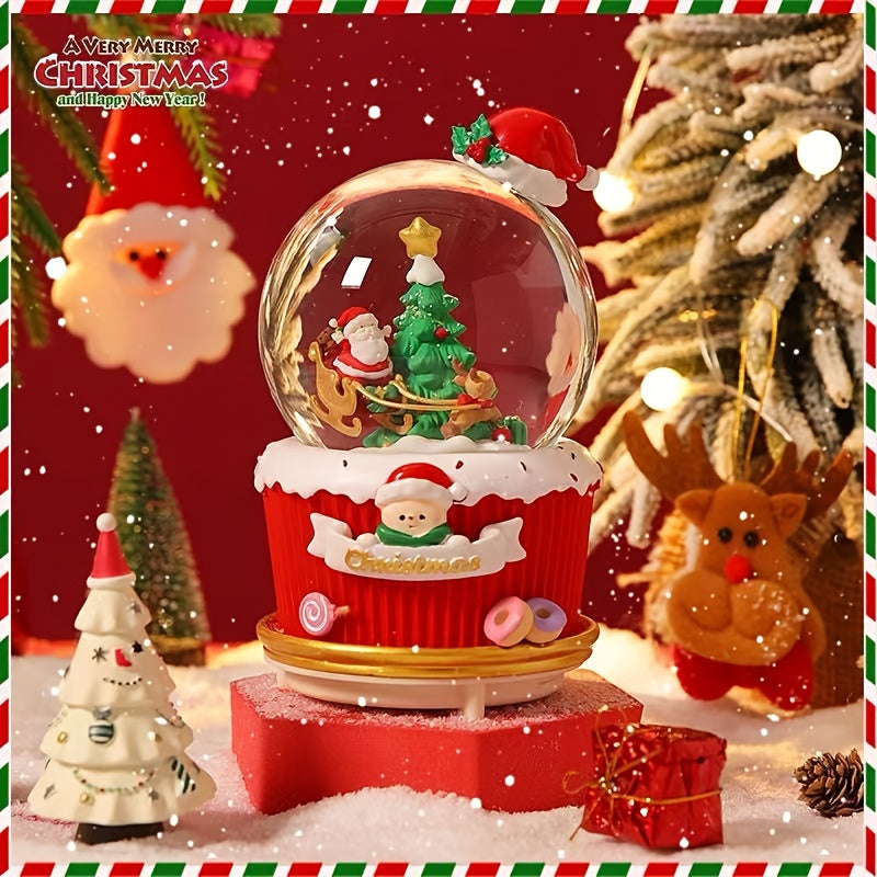1pc Christmas Music Box with Automatic Rotating Sphere, 8 Christmas Melodies (Including Santa's March), Snowflakes Effect - Battery-Powered (AAA Not Included) - Elegant Holiday Decoration for Home, Tabletop, or Gift - Santa C