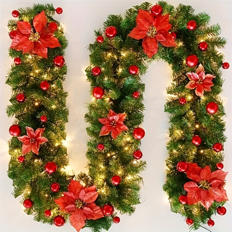 Classic Artificial Christmas Garland with Red Poinsettias & Berries - Outdoor/Indoor Plastic Holiday Decor, No Electricity Needed, DIY Home & Store Decoration, Christmas Decorations, Festive Wreath Crafting, Halloween Decorat
