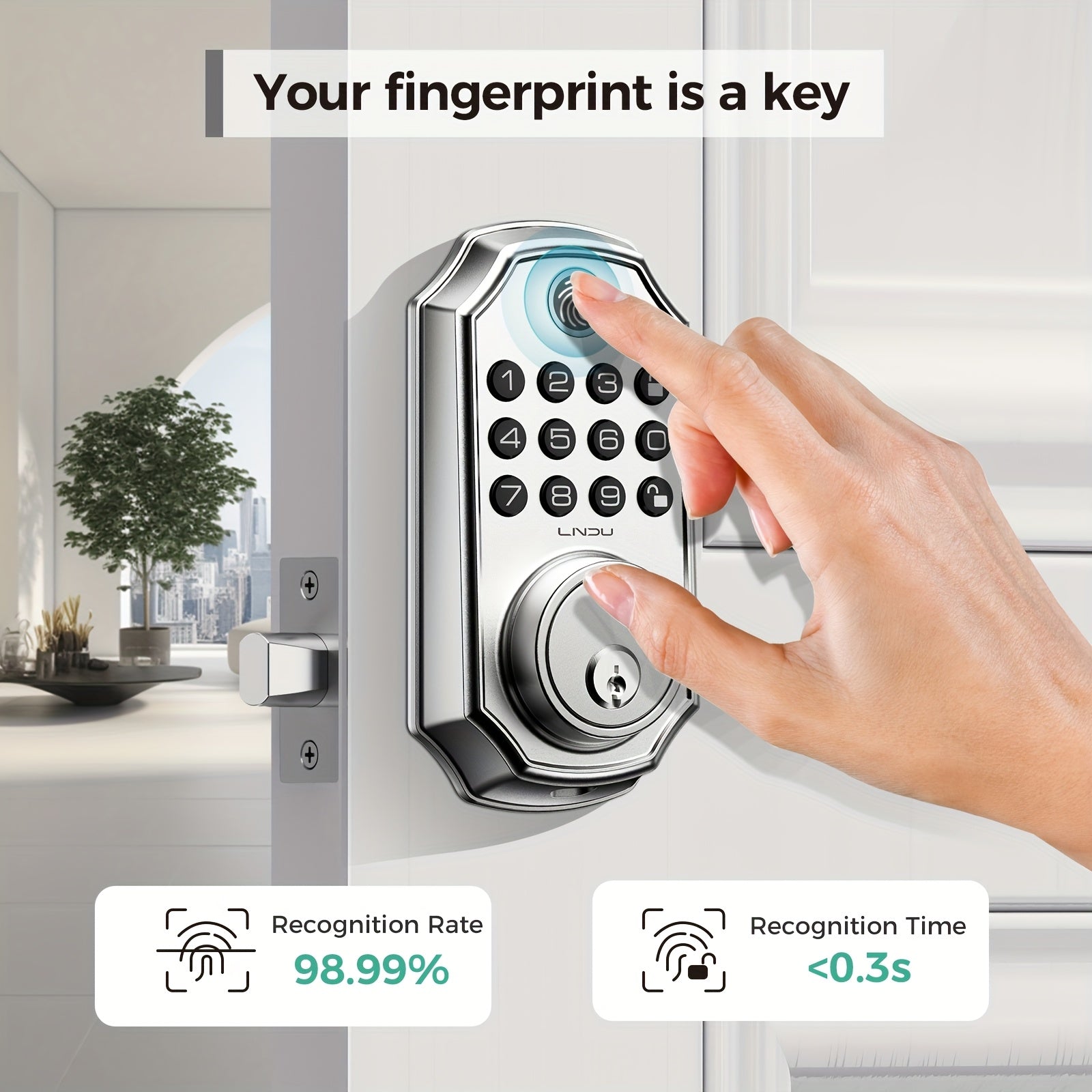 D280 Smart 5-in-1 Fingerprint Door Lock, Keyless Entry Door Lock, Biometric Technology with Memory Function, Fits Most Standard Doors, Unlocking Log, Durable, 100 Passcodes, Temporary Sharing, Anti-Snoop Passcode