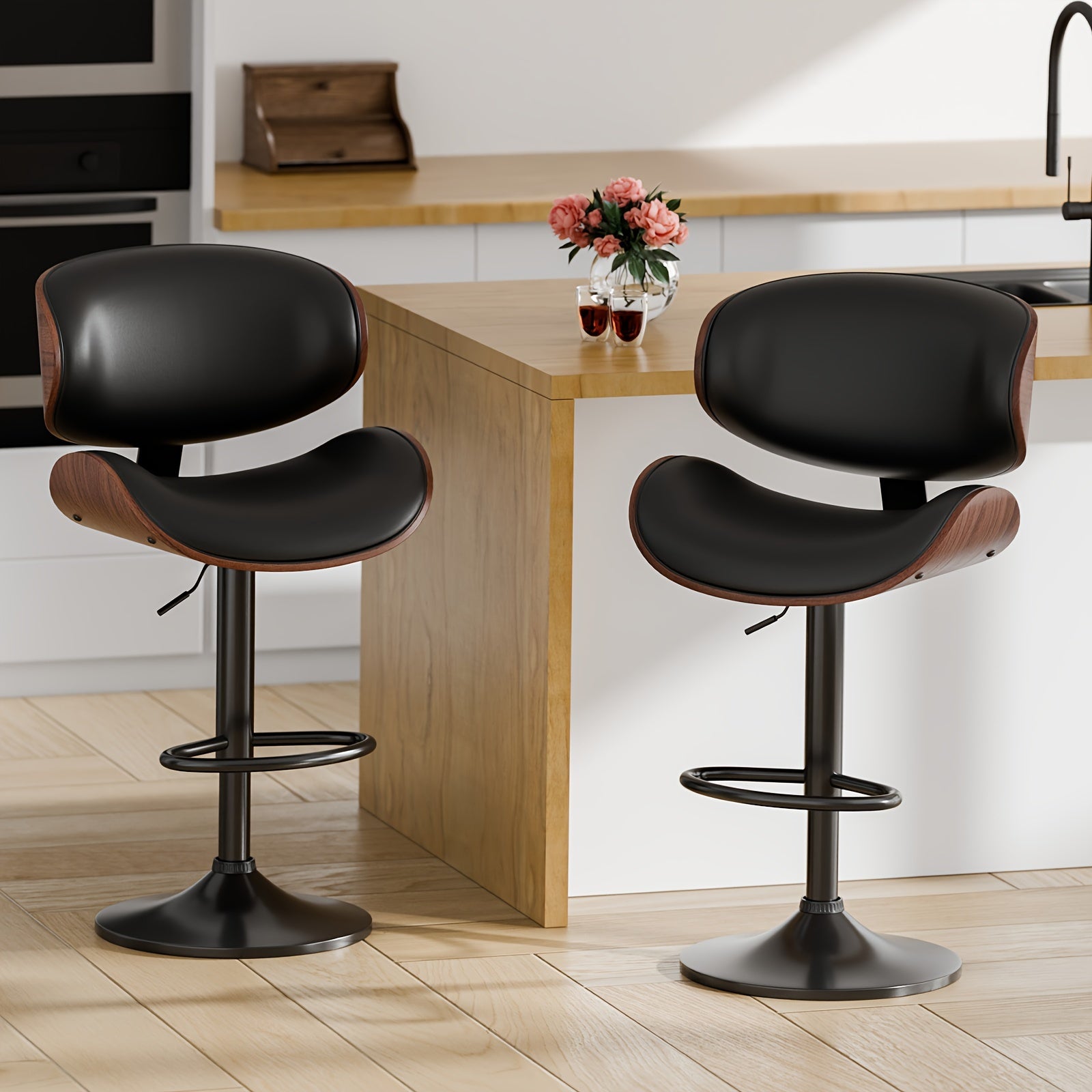 Bar Stools, Swivel Adjustable Height Barstools, PU Leather Upholstered Bar Chairs With Footrest, Bentwood Bar Stool For Kitchen, Bar, Dining Room