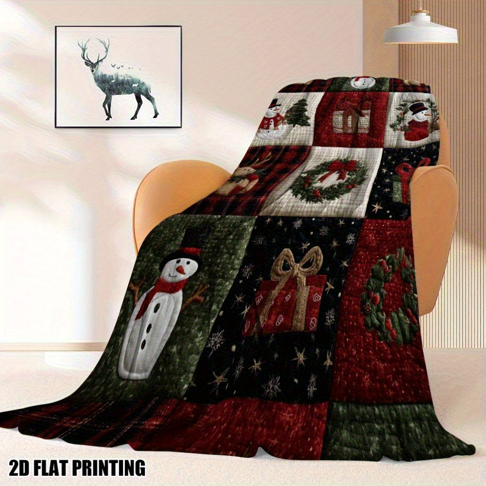 Extra Large Christmas Plaid Flannel Blanket, Ultra-Soft All-Season Bedspread Throw, Durable Material Plush Fabric Decorative Throw, for Bed Sofa Chair Office, 1pc, Red Green Golden White Black Navy, Festive Snowman Reindeer H