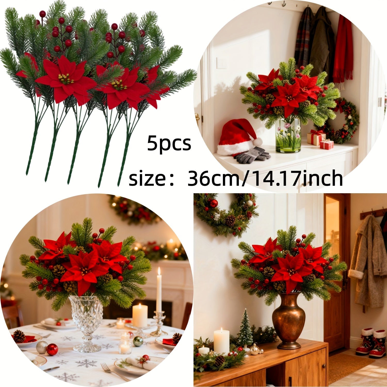 5-Pack Premium Poinsettia Pine Branch Artificial Flowers with Faux Pinecones and Berries Bouquet - Holiday Faux Flower Decor, Suitable for Home Decor, Wreath Decor, Christmas Theme, Christmas, DIY Indoor and Outdoor Wedding P