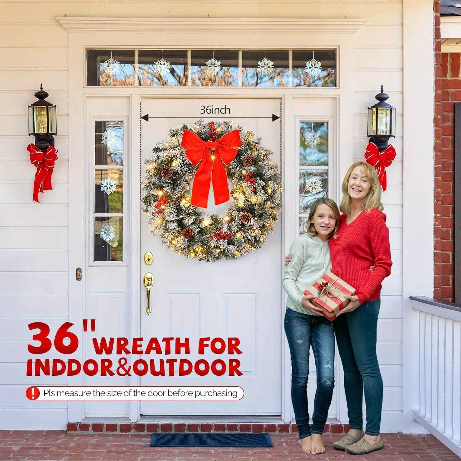 36 Inch Prelit Artificial Christmas Wreath with 100 Warm White LED Lights & 300 Pine Tips - Modern Plug-in Holiday Decor for Door, Window, Fireplace Mantle - Battery Operated (AA Batteries Not Included), Christmas Wreaths for