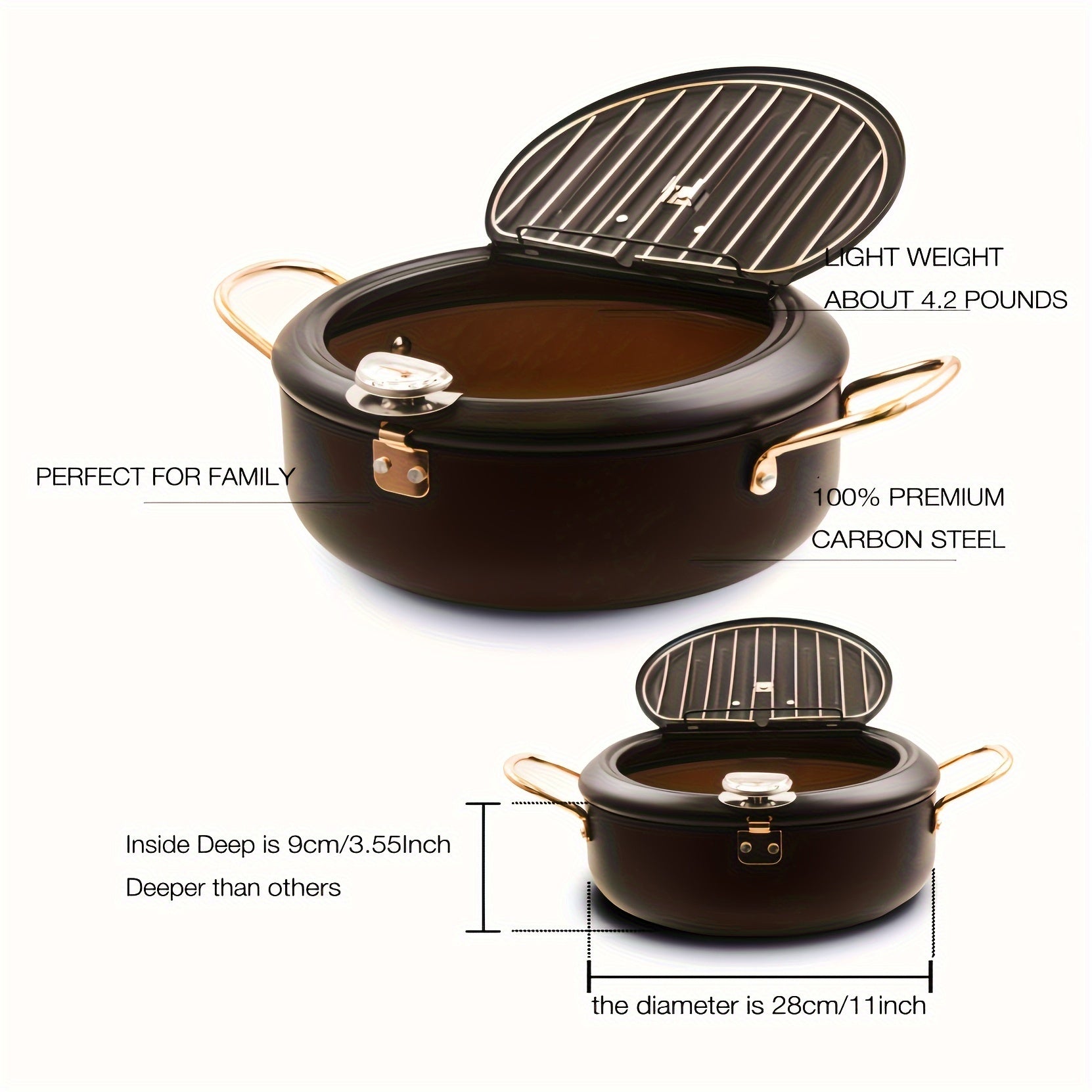 Deep Fryer Pot, 4.3L/11 Inch Japanese Tempura Frying Pot with Fahrenheit Thermometer, for Tempura/Frech/Fish/Chicken Fries, Easy Clean, Green