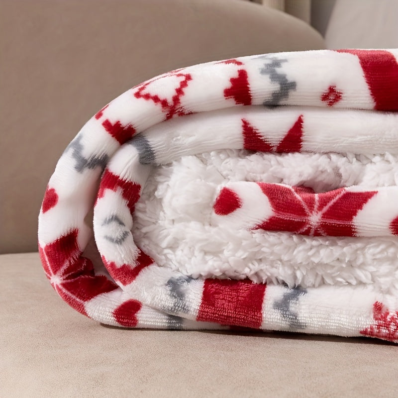 [Christmas Flannel Blanket] Christmas Double-Layer French Style Reindeer Snowflake Flannel Blanket | 100% Polyester Machine Washable Anti-Tear All-Season Throw for Couch, Bed, Home Decor (White with Red & Green Holiday Design