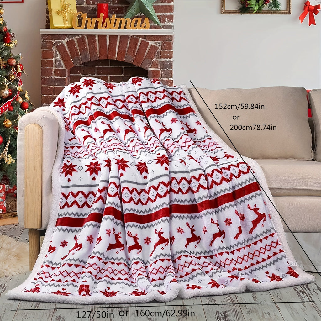 [Christmas Flannel Blanket] Christmas Double-Layer French Style Reindeer Snowflake Flannel Blanket | 100% Polyester Machine Washable Anti-Tear All-Season Throw for Couch, Bed, Home Decor (White with Red & Green Holiday Design