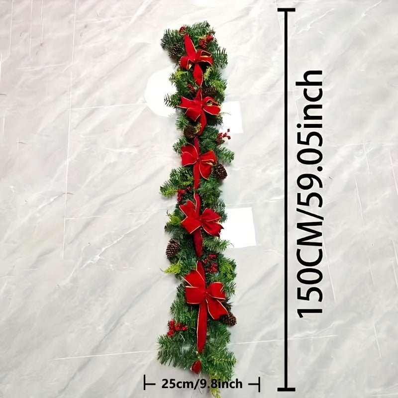 1pc 59" Luxurious Pine Cones Christmas Garland with Red Bow - Perfect for Indoor/Outdoor Holiday Decor, Fireplace Mantle & Home Accents