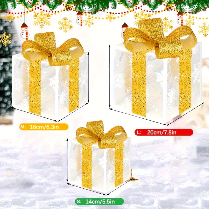 3pcs Christmas Thanksgiving LED Light-Up Gift Box with Multiple Lights Modes, No Built-Battery Glowing Decorative Red Bow Xmas Tree Yard Home Ornament (3*AA Batteries Not Included), Christmas Decorations For Home, Santa Claus