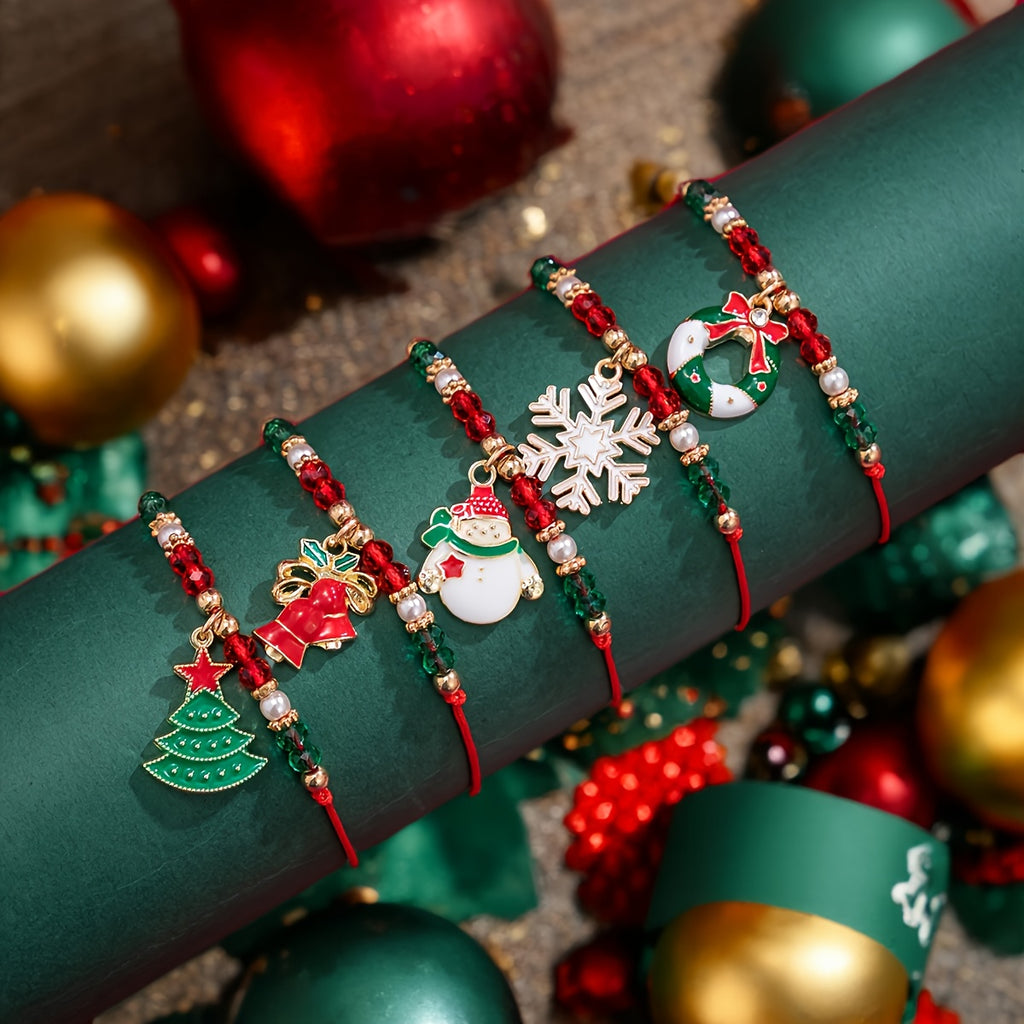 5pcs Santa Claus Reindeer Snowflake Shaped Bead Bracelet Set - Fashionable Daily Wear and Holiday Accessories - Unique Gift Idea with Cute and Sweet Style, Best for Christmas, Perfect for Thanksgiving, Perfect for Christmas,