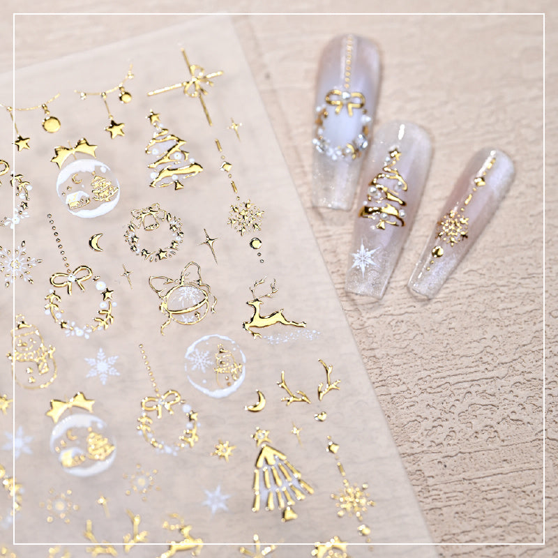 Christmas Nail Stickers - Golden Embossed Snowflakes on Branches, 3D Christmas Tree & Crystal Ball Design with Bells, Reindeer & More Classic Holiday Elements! Sparkling Blingbling Glitter Effect, Easy to Apply with Adhesive