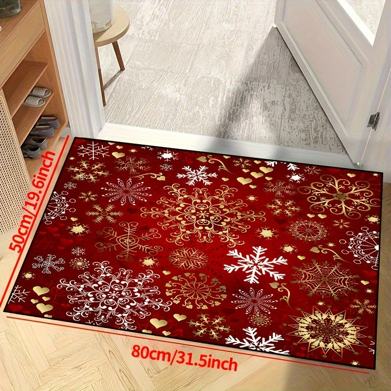 1pc Christmas Snowflake Area Mat - Red with Golden & White Snowflakes, Non-Slip Machine Washable Mat for Living Room, Bedroom, Entryway, Outdoor Patio & Garden Decor, Festive Holiday Home Decor, Rectangular Shape, Multiple Si