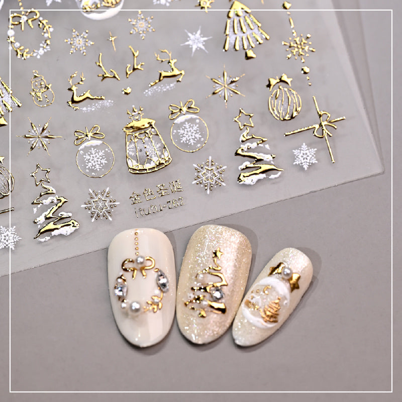 Christmas Nail Stickers - Golden Embossed Snowflakes on Branches, 3D Christmas Tree & Crystal Ball Design with Bells, Reindeer & More Classic Holiday Elements! Sparkling Blingbling Glitter Effect, Easy to Apply with Adhesive