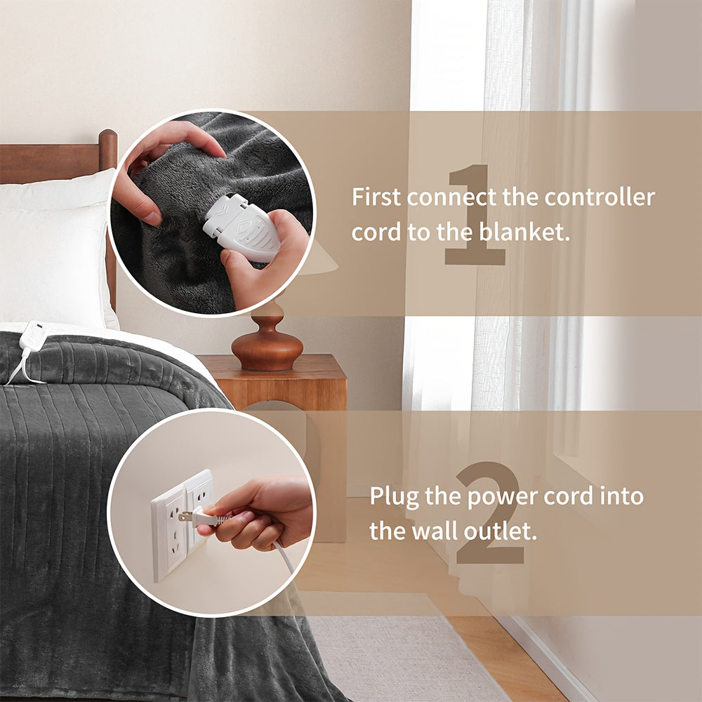 Extra Large Flannel And  Electric Blanket With Time And Temperature Control, 10 Hour Auto-Off, 8 Temperature Levels, Queen/King Two Controllers, Throw/Twin/Full With 1 Controller, Machine Washable, PTC+NTC Overheat Protection