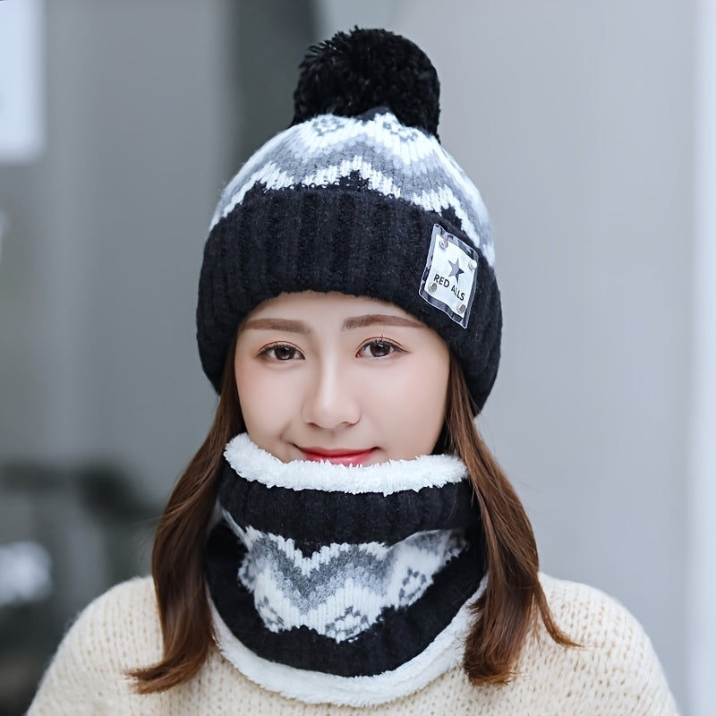 2pcs Winter Women'S Winter Hat and Scarf Set - Star Decoration Pink and White Striped Hat Soft Fleece Beige/Pink/White/Grey/Black, Elastic Stretch Fit, Comfortable Fleece Lining, Suitable for Skiing, Cycling, Daily Cold Weath