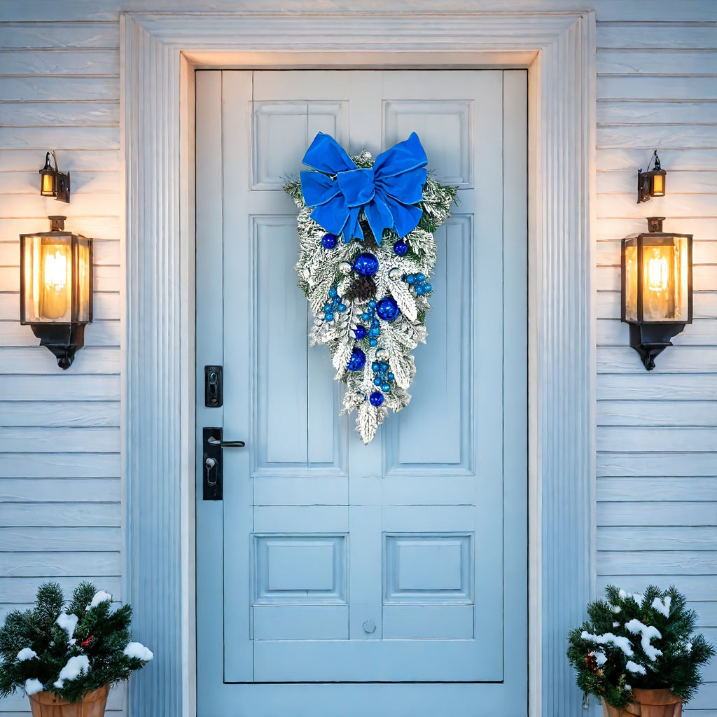 Christmas Flocked Hanging Wreath, Nordic Style in Red/Golden/Green/Blue, 60cm/23.62inch Bow Staircase Garland, Perfect Holiday Home Decor, Front Door Window Hanging Decoration, Feather-Free No Electricity Needed, 1pc/2pcs/3pc