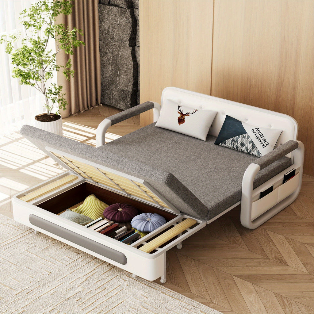 3-in-1 Multifunctional Sofa Bed with Wooden Storage Cabinet, Retractable Double Sofa Bed for Home Use, Space-Saving for Small Apartments, Straight-Line Light Grey Linen Fabric Cushioned Sofa Bed, Suitable for Living Room Or B
