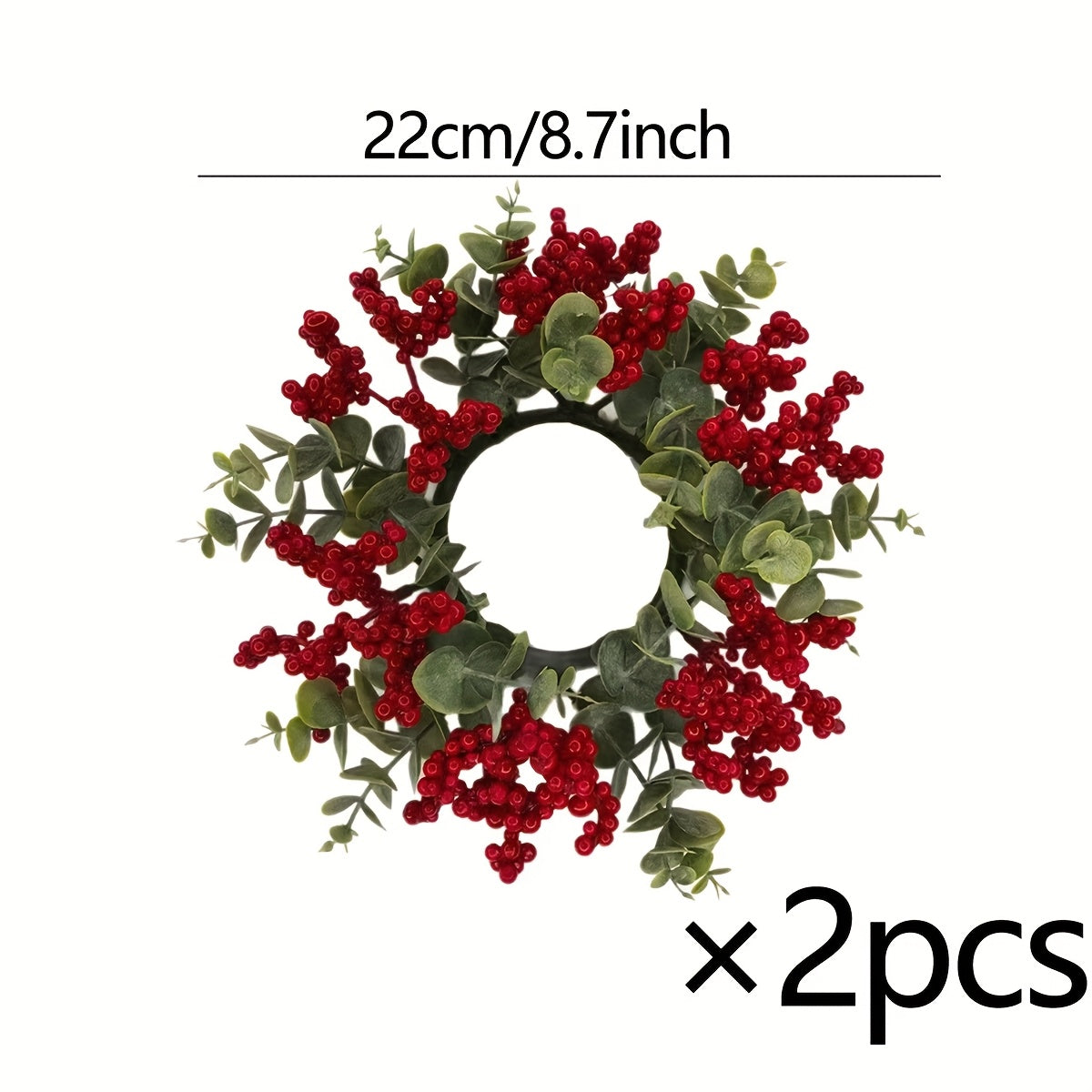 1pc/2pcs Christmas Crafts Ornaments Garland Decor Artificial Eucalyptus Red Berry Candle Rings Home Decoration,Winter Xmas Candles Small Wreath for House Tabletop Wall Door Hanging Decor Fake Silvery Dollar Plant Leaves Candl