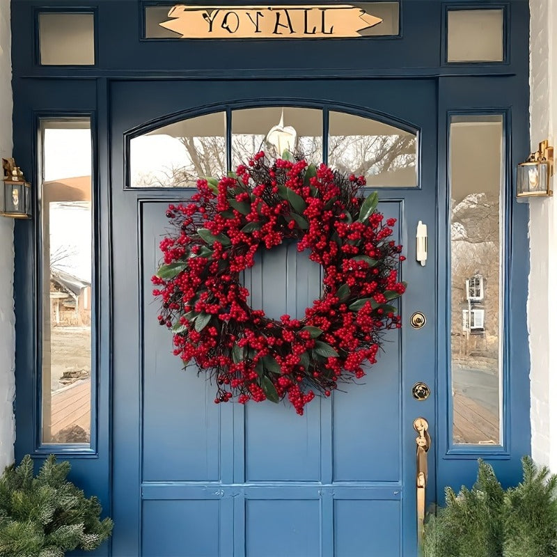 1pc Christmas Red Berry Wreaths 48cm/18.5in Simulation Wreaths with Thick Red Berries Artificial Festival Decoration Christmas Home Hanging Decoration Showcase Fireplace Doors and Windows Wall Material Durable Artificial Plan