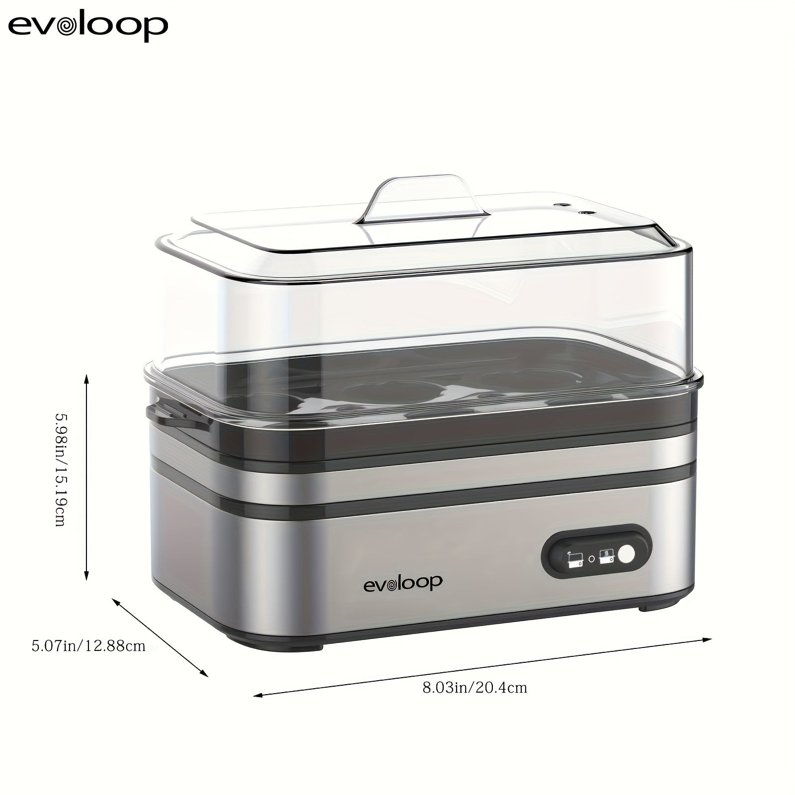 Evoloop Rapid Egg Cooker - 6-Egg Capacity, BPA-Free Stainless Steel with Clear Tritan Lid, 400W Electric Egg Cooker for Hard Boiled, Poached, Scrambled, or Omelette, Includes Measurement Cup & 2 Poaching Trays, Auto Shut Off,