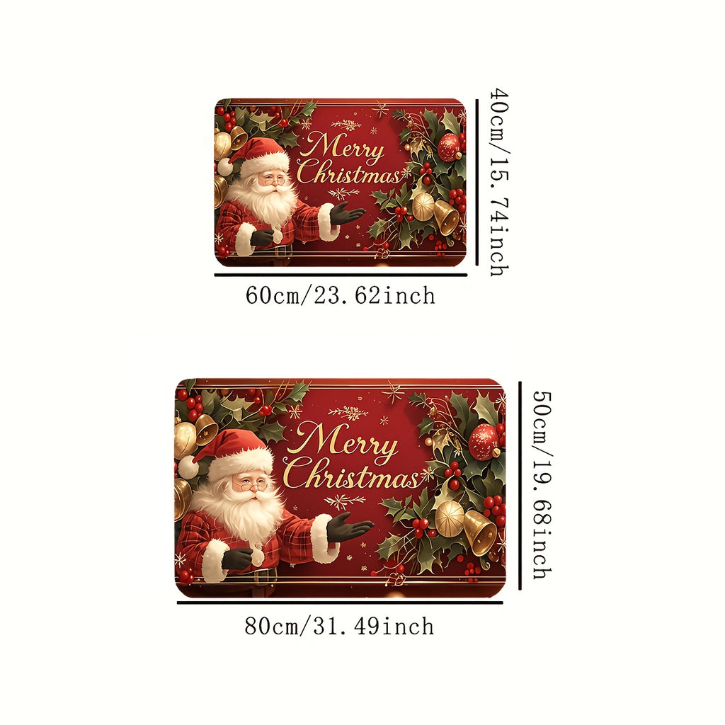 [Christmas Welcome Mat] 1pc Christmas Welcome Mat | Santa Claus & Tree Pattern | "Merry Christmas" Text | Machine Washable | Festive Holly Berry Golden Accents | Indoor/Outdoor Door Mat