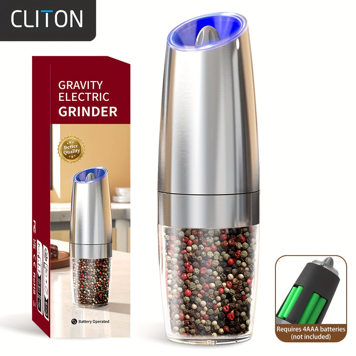 1pc/2pcss Electric Salt And Pepper Grinder, Automatic Pepper Mill, Salt And Pepper Grinder Electric 2pcs, Tilted Automatic Grind With LED Light, Battery Powered, Adjustable Coarseness, Easy To Clean, One-Hand Operation, Kitch