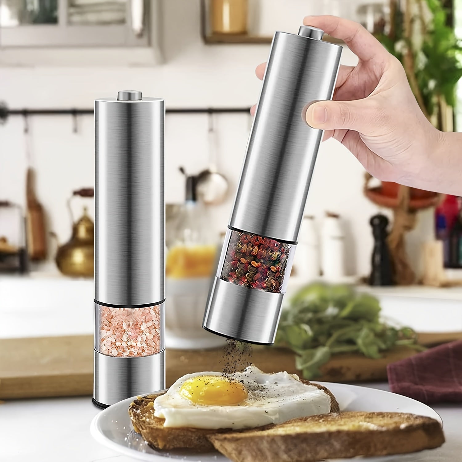 A Set of Electric Salt and Pepper Grinders, Adjustable Coarseness | One-Handed Operation | Battery Powered, Automatic Pepper Grinder Set, Electronic Adjustable Pepper Grinder, Ideal Gift Kitchen Gadgets and Accessories, Kitch
