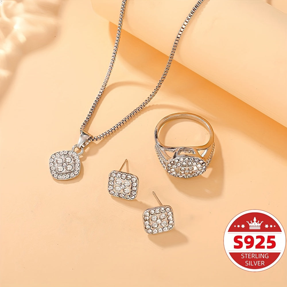 [Elegant Sterling Silver Set] S925 Sterling Silver Elegant Pendant Necklace, Earrings, and Ring Set for Men and Women