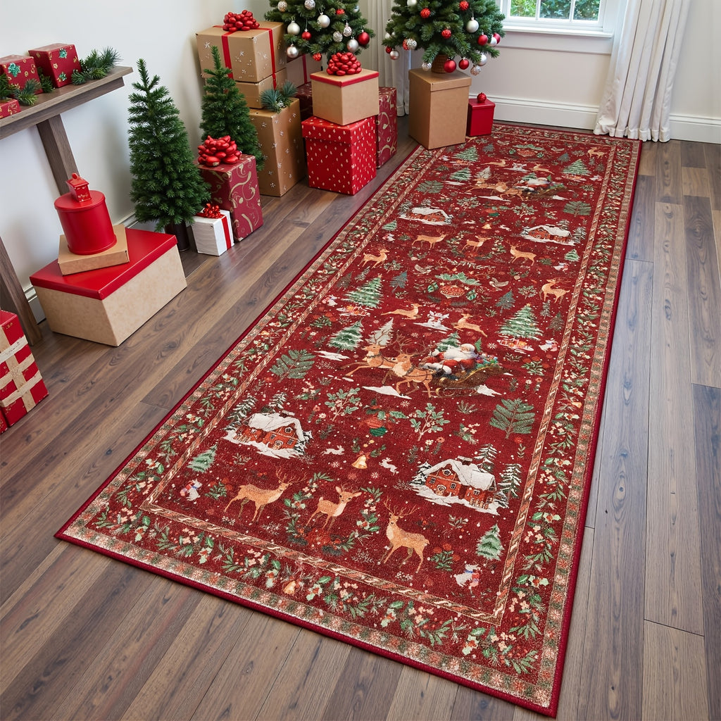 Christmas Running Mat 24x71in Red Running Mat, Suitable for Hallway, Kitchen Mat, Washable Mat, Soft Christmas Tree Santa Claus Running Mat, Used for Bathroom Bedside Holiday Decoration (Red and Green), Christma Carpet Runner