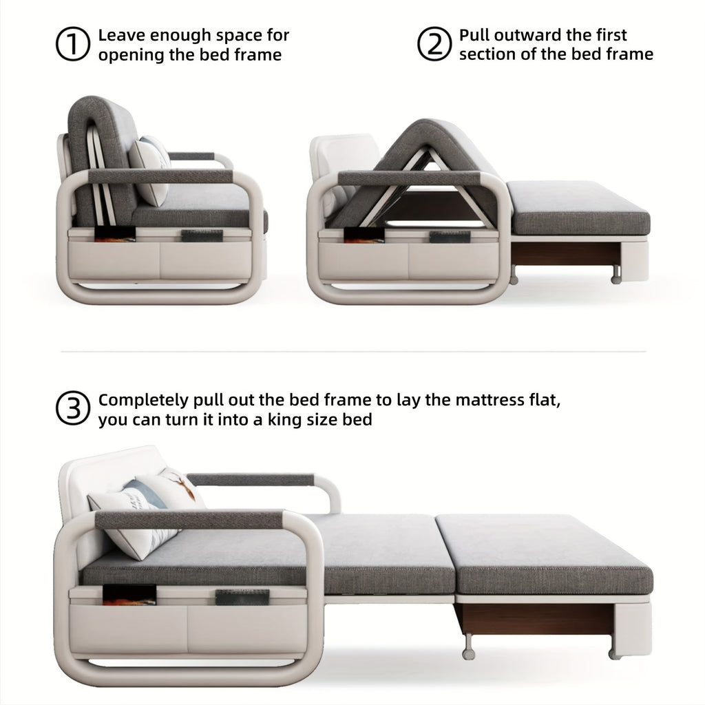 3-in-1 Multifunctional Sofa Bed with Wooden Storage Cabinet, Retractable Double Sofa Bed for Home Use, Space-Saving for Small Apartments, Straight-Line Light Grey Linen Fabric Cushioned Sofa Bed, Suitable for Living Room Or B