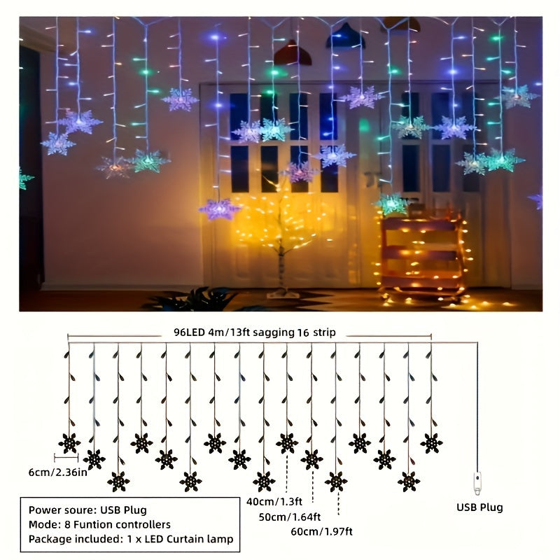 [96 LEDs | Snowflake Lights] 96 Multicolor & Warm White LEDs | 4m USB Snowflake Icicle Lights – Indoor/Outdoor Fairy String Lights, 8 Dynamic Lighting Modes (Wave, Sequential, Slow/Fast Flash, Fade, Twinkle, Steady On), Per
