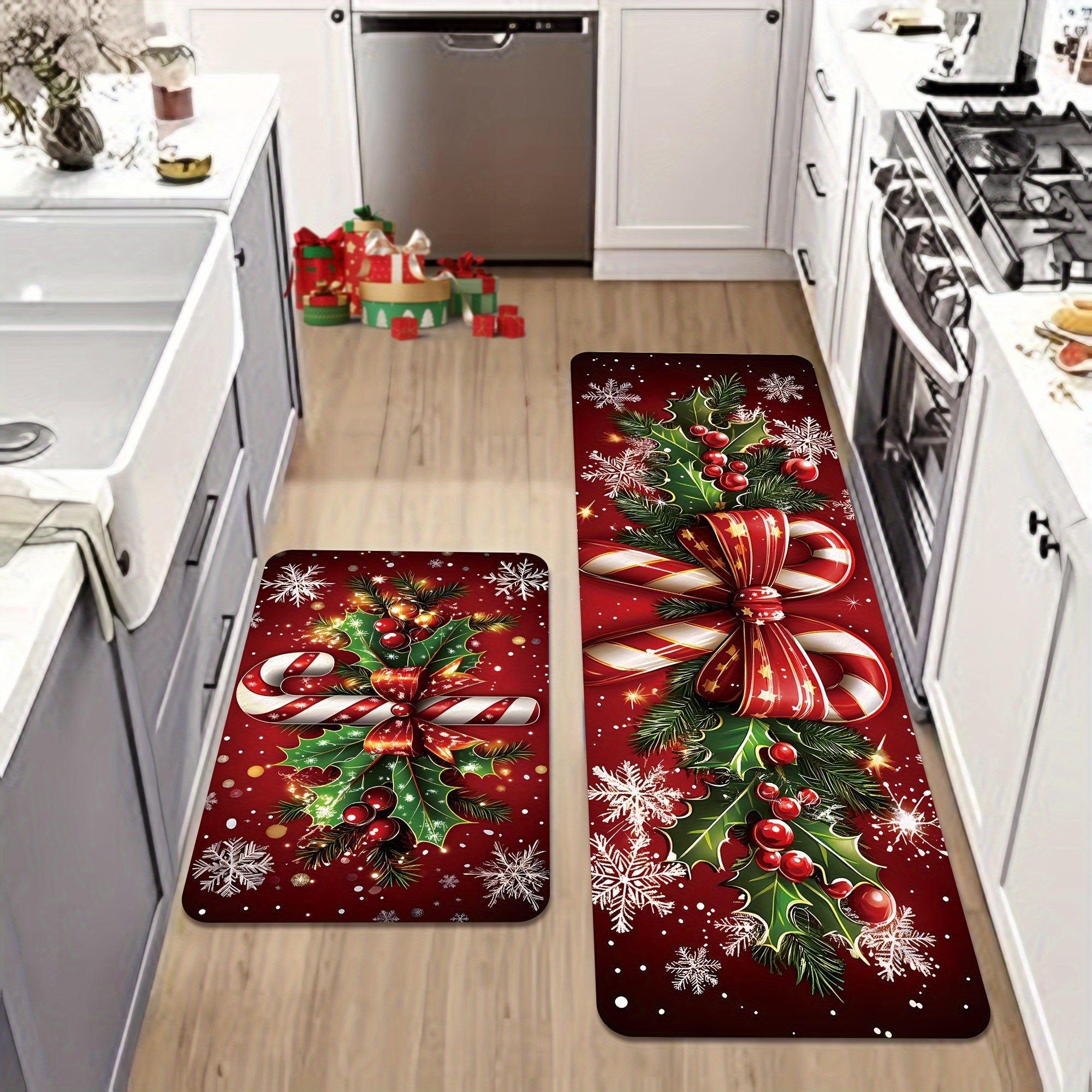 2/3pcs Merry Christmas Winter Decor Candy Canes Holly Snowflake Kitchen Mat Set, Luxury Holiday Red Green Memory Foam Mat for Easy Cleaning - Festive Home Gift