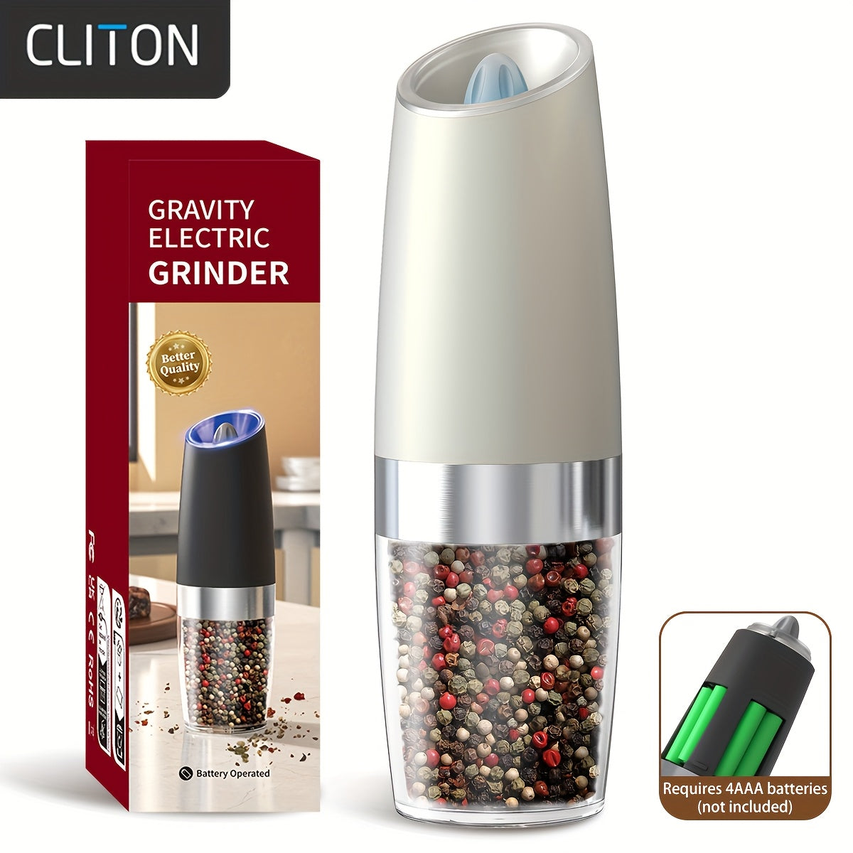 1pc/2pcss Electric Salt And Pepper Grinder, Automatic Pepper Mill, Salt And Pepper Grinder Electric 2pcs, Tilted Automatic Grind With LED Light, Battery Powered, Adjustable Coarseness, Easy To Clean, One-Hand Operation, Kitch