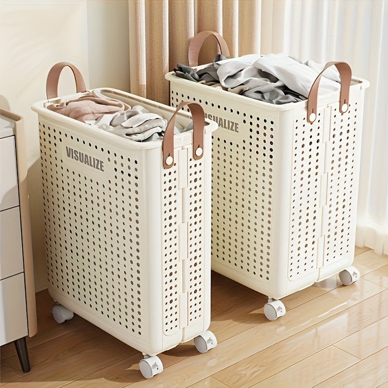 15.8/205GaA Large Foldable Wheeled Laundry Basket (Multiple Sizes Available) Without Lid - Faux Leather, Solid Color, Versatile Folding Portable Laundry Basket for Bathroom and Balcony Storage, Laundry Bag, Laundry Room Acces
