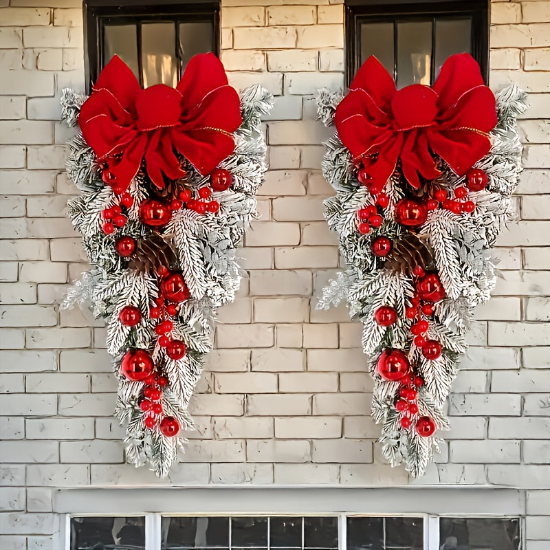 Christmas Flocked Hanging Wreath, Nordic Style in Red/Golden/Green/Blue, 60cm/23.62inch Bow Staircase Garland, Perfect Holiday Home Decor, Front Door Window Hanging Decoration, Feather-Free No Electricity Needed, 1pc/2pcs/3pc