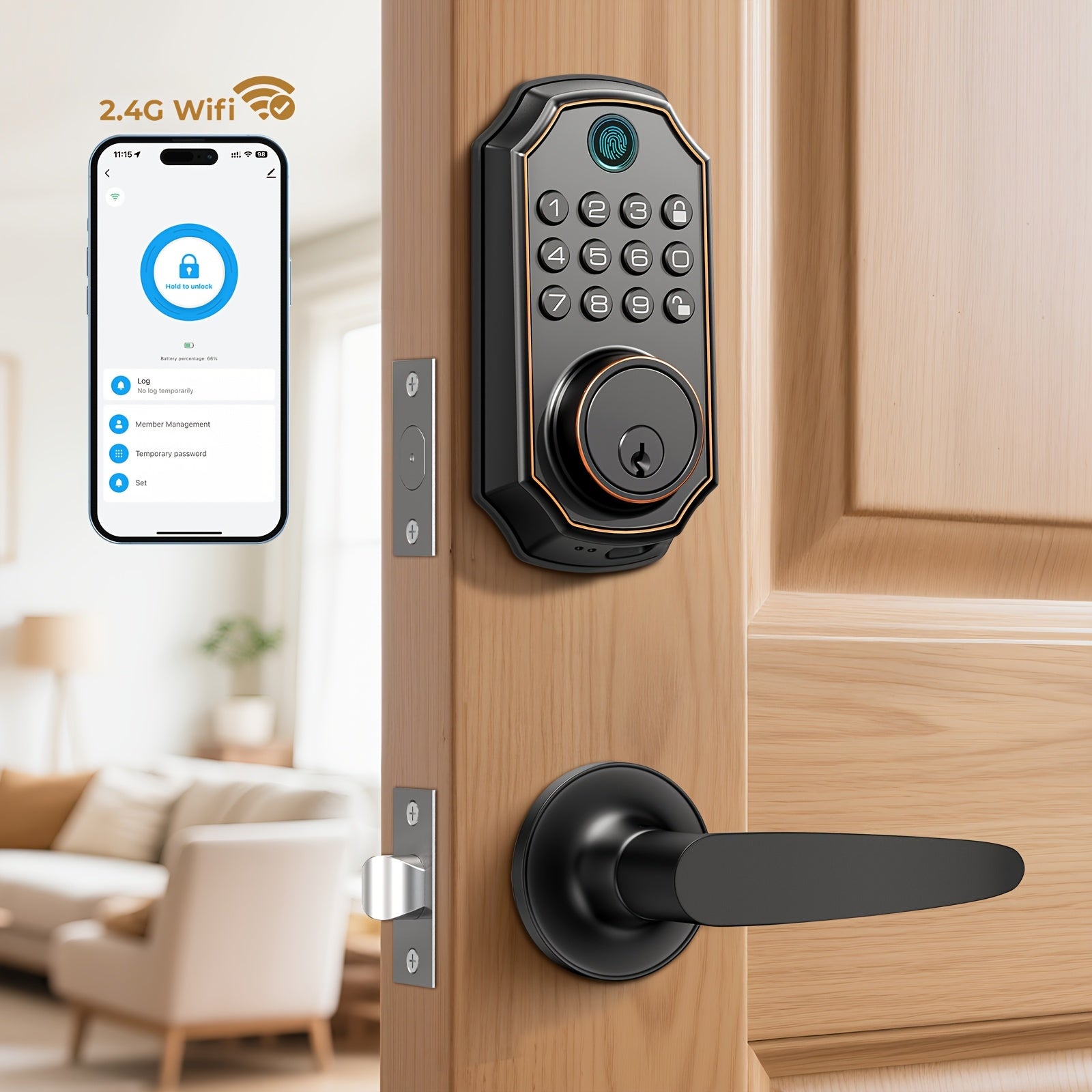 D280 Smart 5-in-1 Fingerprint Door Lock, Keyless Entry Door Lock, Biometric Technology with Memory Function, Fits Most Standard Doors, Unlocking Log, Durable, 100 Passcodes, Temporary Sharing, Anti-Snoop Passcode